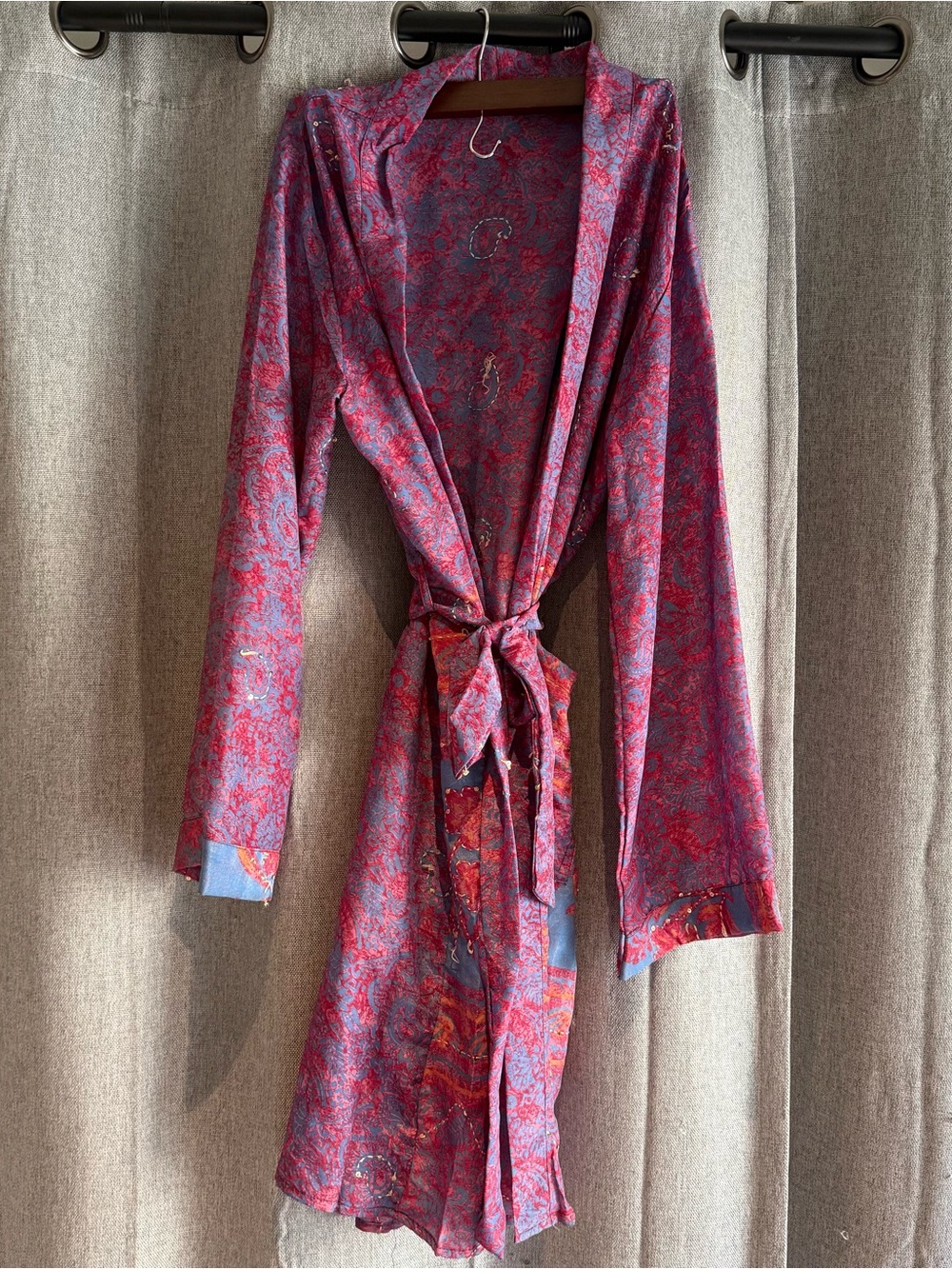 Earthbound Trading Co Silk Kimono Robe Medium Floral Paisley Open Front Tie Belt